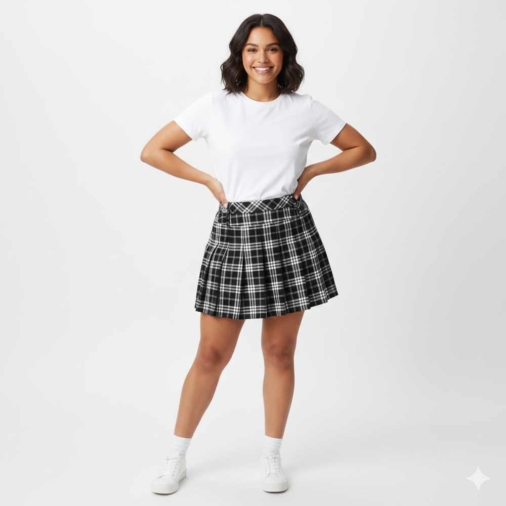 Cosmic Aura Black White Plaid Pleated Mini Skirt Belt XL